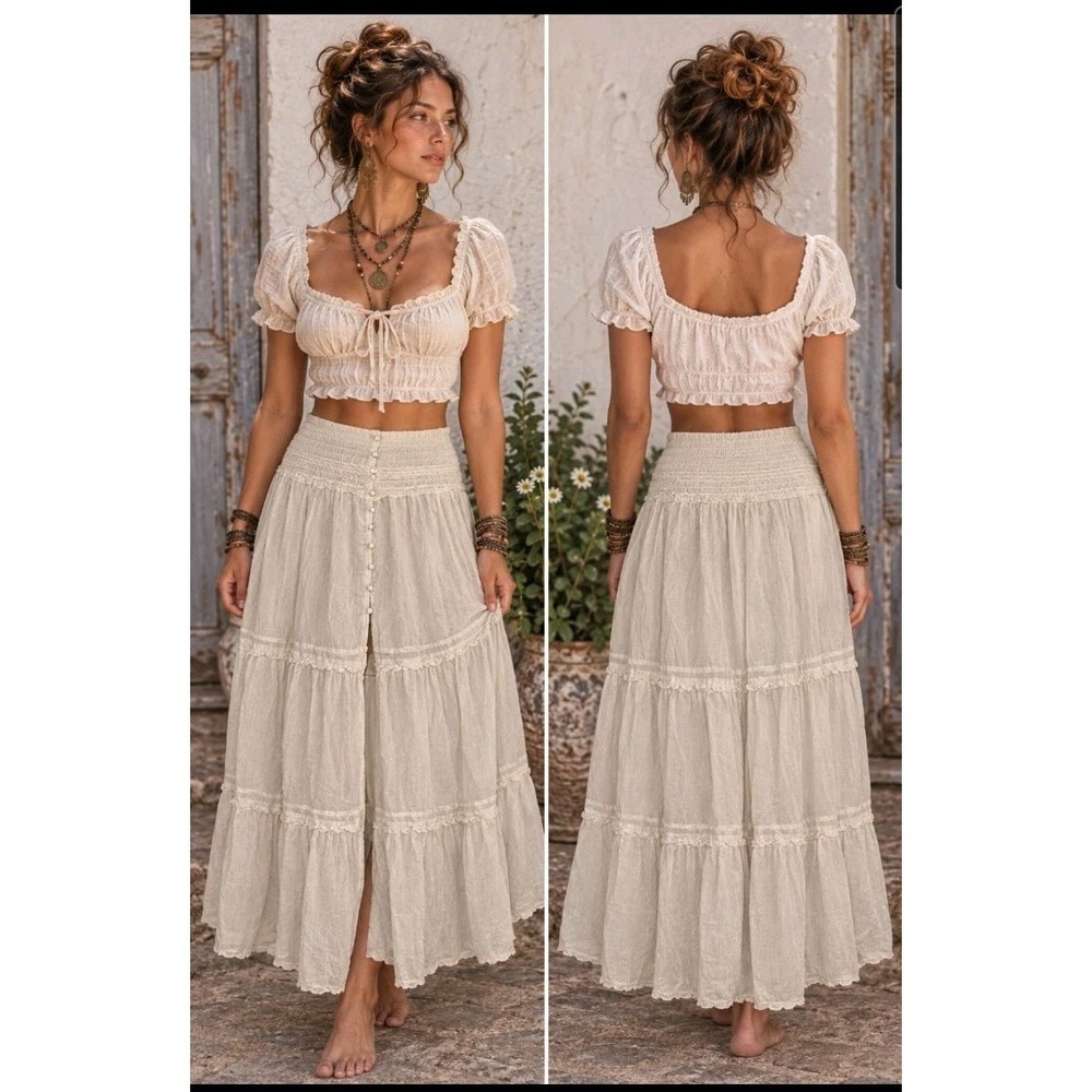 Aerie Womens L Boho Tiered Peasant Gypsy Maxi Skirt Floral Crochet 1/4 Button